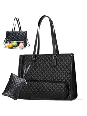 15.6 Inch Laptop Bag with Insulated Lunch Compartment PU Leather Quilted Tote